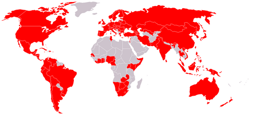 Mapa que ilustra las asociaciones nacionales miembros de la Federación Internacional de Sóftbol.