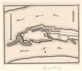Mapa histórico del fuerte de Schenkenschans durante el siglo XVII.