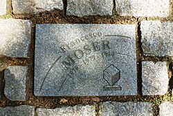 Losa de pavimento dedicada a Francesco Moser por sus victorias en la París-Roubaix