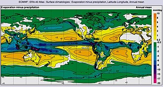 Mapamundi que muestra la diferencia entre evaporación y precipitación.