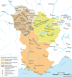 Mapa de las divisiones territoriales de Borgoña hacia el año 900