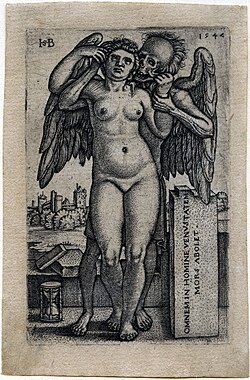 Grabado de La muerte y la desnuda de pie