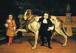 Cuadro de dos enanos acompañados por un perro en un entorno palaciego
