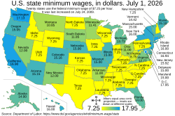Mapa de los salarios mínimos por hora en los diferentes estados de Estados Unidos