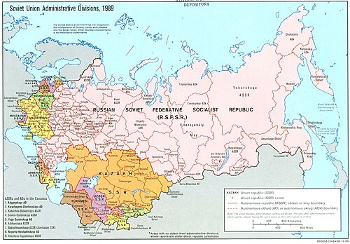 Mapa de las divisiones administrativas de la Unión Soviética en 1989