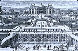Grabado histórico del palacio y sus jardines