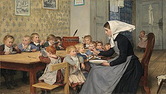 Pintura Die Kinderkrippe de Albert Anker que muestra una guardería en 1890.