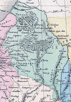 Mapa detallado que representa el territorio de Austrasia en el año 752.