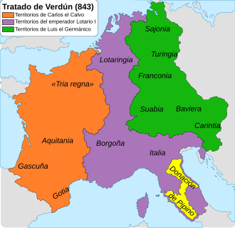 Mapa de la división del imperio tras el Tratado de Verdún