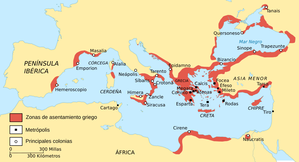 Mapa histórico de los territorios y colonias de Grecia durante la Época arcaica.