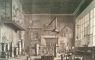 Ilustración histórica de un laboratorio químico del siglo XVIII.