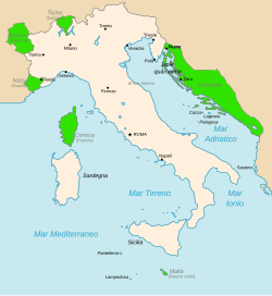 Mapa de las regiones irredentas italianas tras la Primera Guerra Mundial
