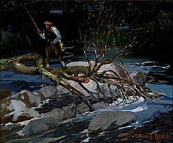 Pintura histórica sobre la pesca de la trucha por George Luks