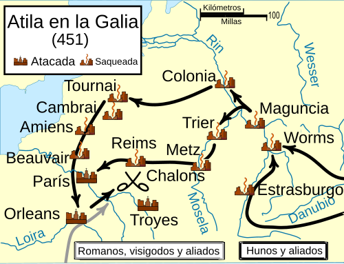 Mapa detallando la ruta de las fuerzas hunas en la Galia.