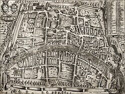 Vista a pájaro histórica de Pisa grabada en 1590