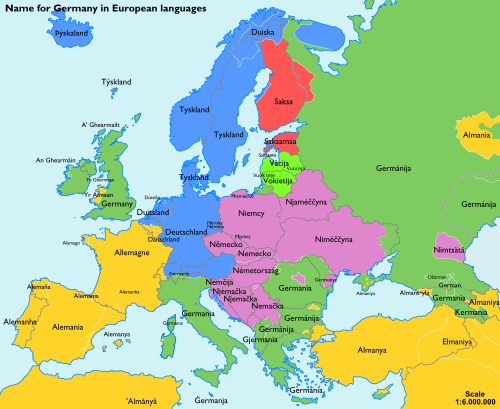 Mapa conceptual con las distintas etimologías y familias lingüísticas de los nombres de Alemania en Europa