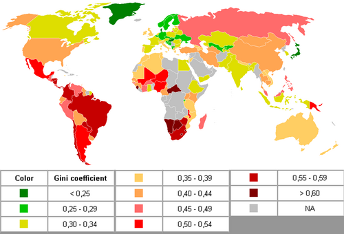 Mapa conceptual de las desigualdades de ingresos entre países medidos por el coeficiente de Gini