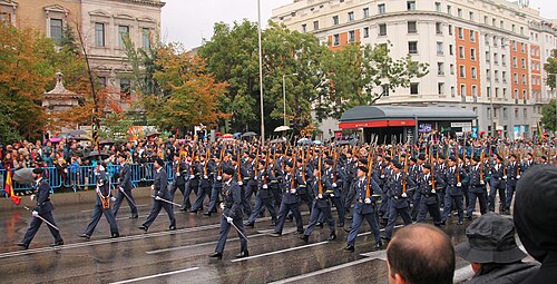 Varias docenas de soldados masculinos en uniformes formales de color azul acero portando rifles