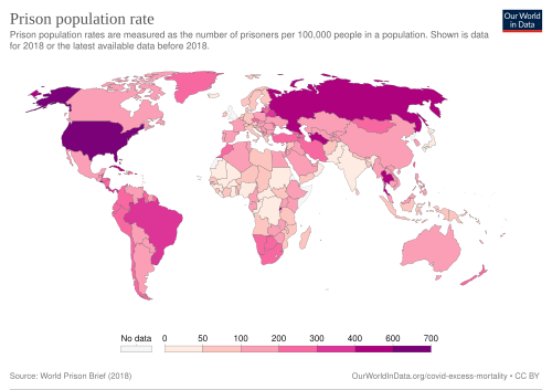 Mapa mundial que indica el número de internos por cada 100.000 ciudadanos.