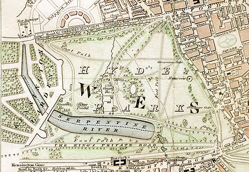 Ilustración histórica de Hyde Park y parte de Kensington Gardens alrededor de 1833.