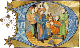 Carlos I de Orleans recibe el homenaje de un vasallo en una miniatura medieval.