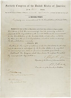 Documento original de la Enmienda XV en la Administración Nacional de Archivos y Registros.