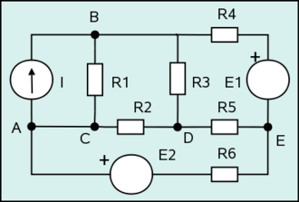 Diagrama de un circuito eléctrico básico con fuentes y resistencias