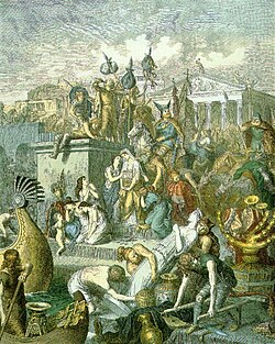 Pintura romántica del saqueo de Roma por los vándalos.