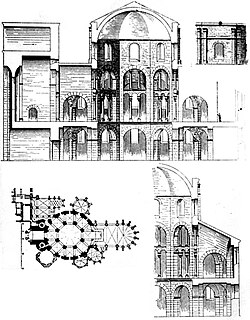 Planta, alzado y sección de la Capilla palatina de Aquisgrán