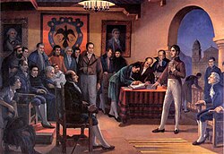 Pintura que ilustra la firma del acta del Cabildo el 20 de julio de 1810.