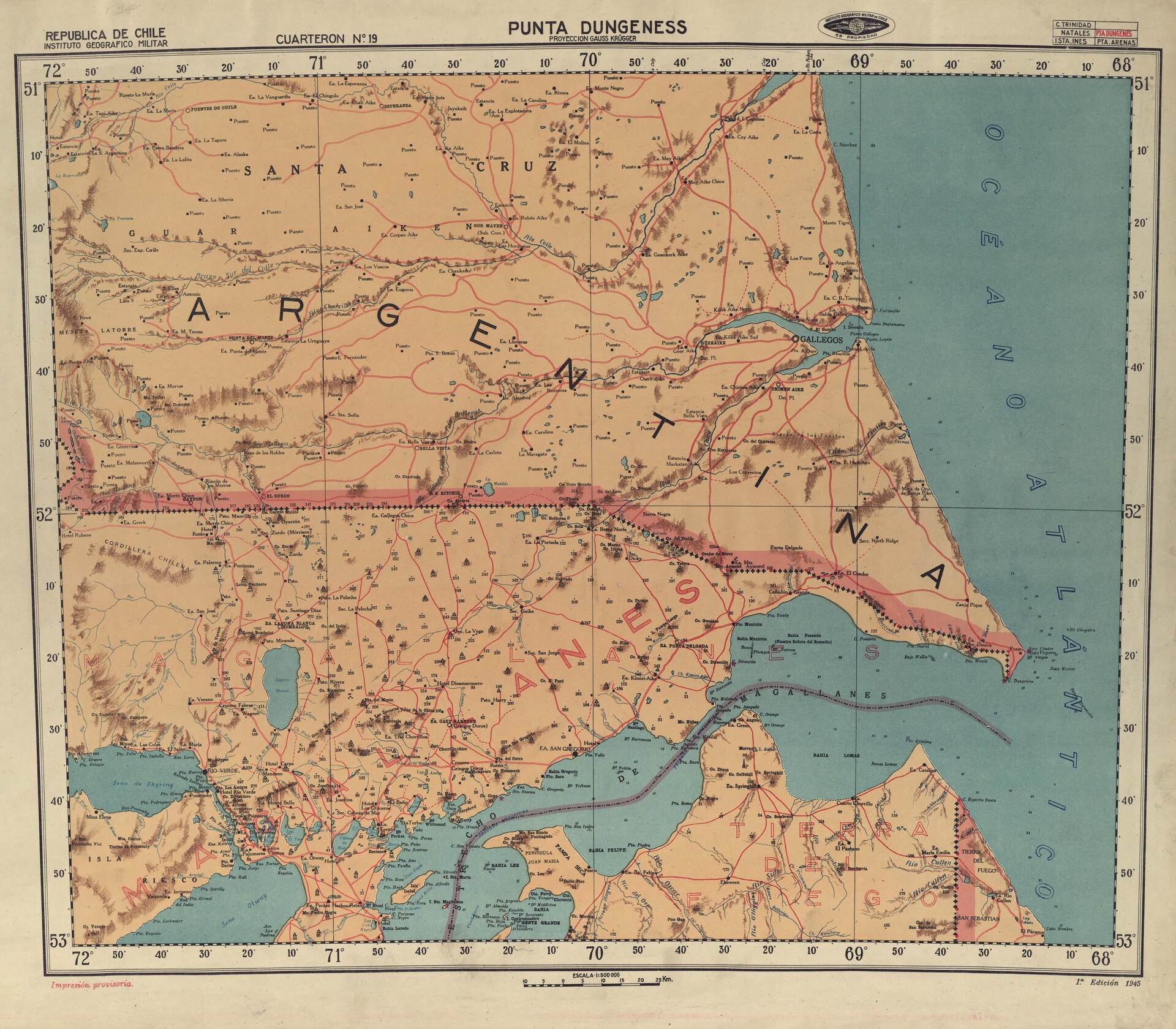 Mapa de la zona publicado por el Instituto Geográfico Militar de Chile en 1945.