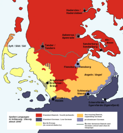 Mapa lingüístico de Schleswig alrededor de 1840