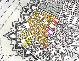Sección del mapa de Joachim Hassing con código de colores que ilustra el progreso del incendio