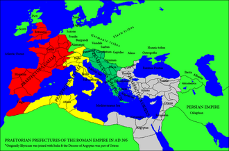 Mapa de la Prefectura del pretorio de Italia en el año 395 d. C.