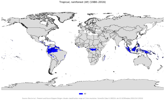 Mapa que muestra la localización global del clima ecuatorial en regiones de baja latitud.