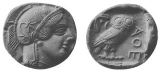 Tetradracma de Atenas del siglo V a. C. con la efigie de Atenea y una lechuza.
