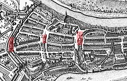 Representación histórica de Berna en 1638 mostrando las tres puertas defensivas.