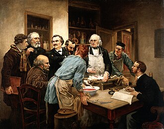 Pintura al óleo de Claude Bernard con sus alumnos