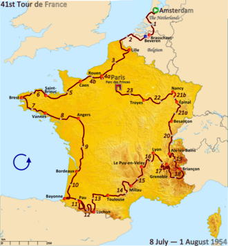 Mapa del Tour de Francia 1954
