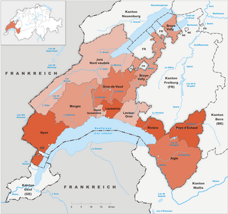 Mapa de los distritos del cantón de Vaud tras la reforma de 2008
