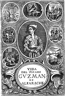 Grabado de la portada de Guzmán de Alfarache