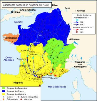 Mapa histórico de las campañas francas contra los visigodos entre 507 y 509