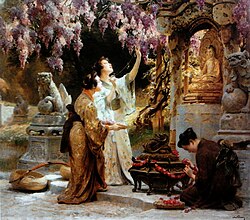 Grabado histórico o pintura que representa una escena budista