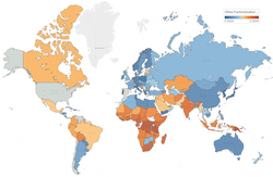 Mapa mundial que ilustra la clasificación de países según su nivel de diversidad étnica y cultural.