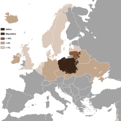 Mapa que ilustra el uso del polaco en Europa