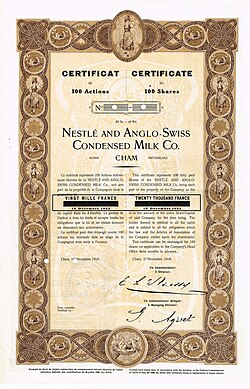 Certificado histórico de acciones de Nestlé y Anglo-Swiss.