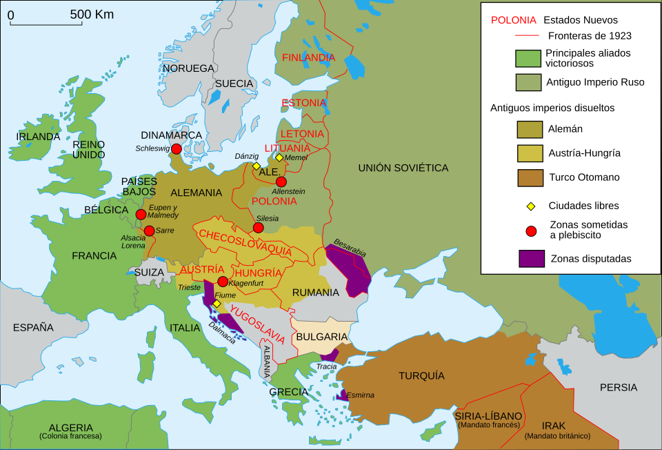 Mapa de Europa en 1923 con los cambios territoriales de la posguerra