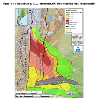 Mapa de la Formación Vaca Muerta en la cuenca de Neuquén mostrando la ubicación de Huincul.