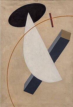Obra abstracta geométrica titulada Proun Vraschenia creada por El Lissitzky en 1919.