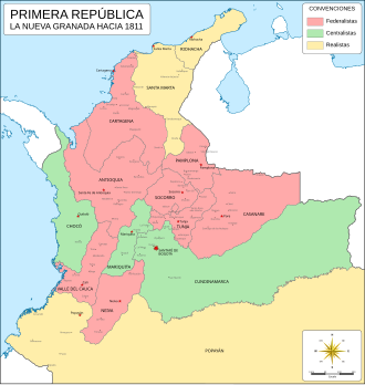 Mapa histórico de la Nueva Granada hacia 1811 mostrando tendencias políticas